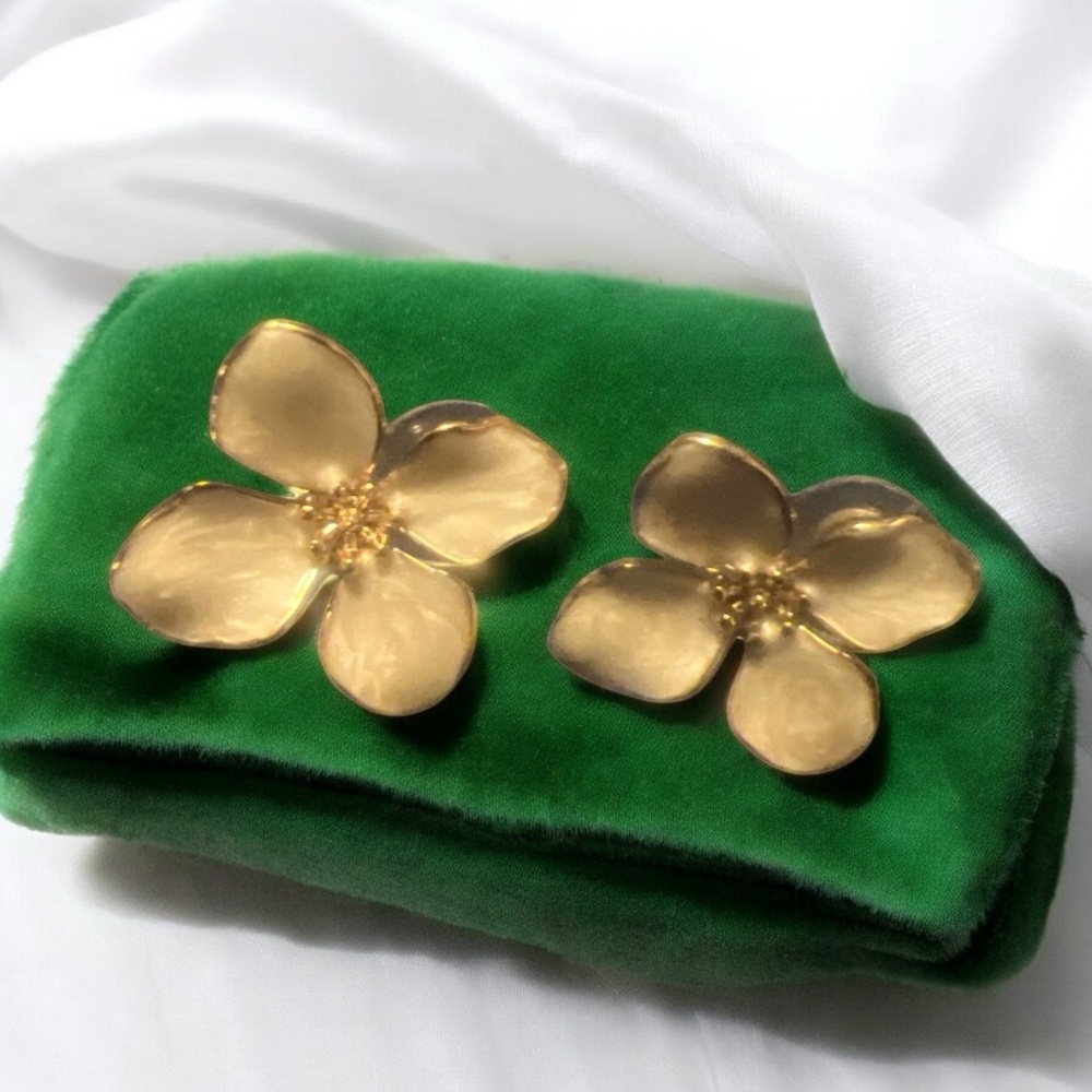 Gold Flower Earrings on Green Velvet